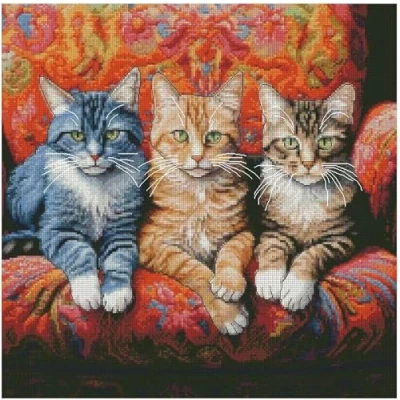 Image de Kit de broderie au point croix compté 3 chats sur canapé, 100 % coton, 200 x points, 36 cm
