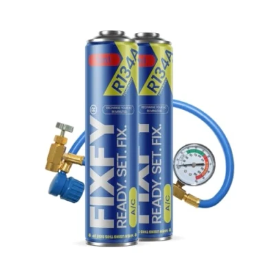 Image de FIXFY Kit de remplacement 5 en 1 pour réfrigérant R134a avec huile, sèche linge, mastic, gaz et colorant UV tuyau manomètre, 2 boîtes 500 ml, à remplir soi même la climatisation dans