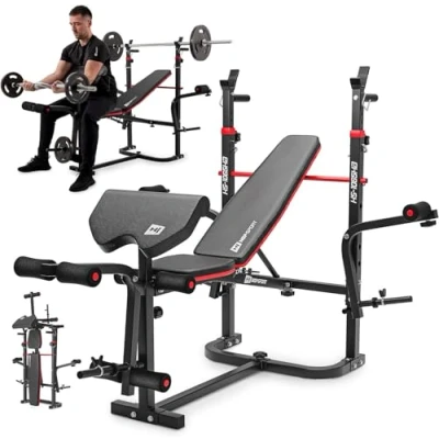 Image de Hop Sport Banc de musculation Pliable Inclinable HS 1065, complet avec Support d&#039;haltères, Entraîneur Jambes, multifonction pour le Développé Couché papillon
