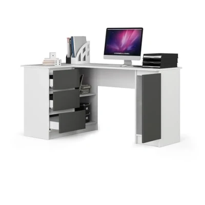 Image de BDW Bureau d&#039;angle Gauche, 3 tiroirs et 4 tablettes, Beaucoup de Place pour s&#039;étendre, Bureaux ateliers, Table d&#039;ordinateur, Travail, Bureau, 155x77x93, Blanc/Gris