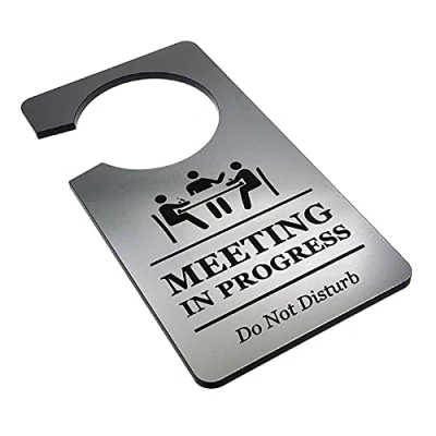 Image de Meeting in Progress Do Not Disturb Panneau en acrylique argenté pour une utilisation dans les entreprises, bureaux à domicile, hôtels, lieux de travail