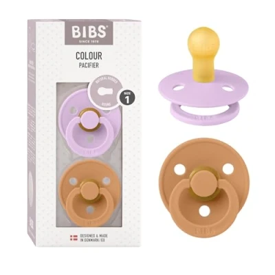 Image de Tétine BIBS Colour. Lot de 2 sucettes. Sans bisphénol A, Téterelle symétrique. Latex caoutchouc naturel, Fabriqué au Danemark, Taille 1 (0 6 mois), Violet Sky/Pumpkin