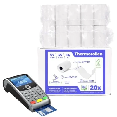 Image de SWIPARO Rouleau tpe 57mm x 14m 12mm Rouleaux pour terminal carte bancaire Bobine papier thermique 57x35x12 sans BPA (20 Bobines)