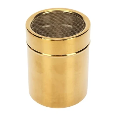 Image de shaker à sucre en poudre acier inoxydable, chocolat doré avec couvercle, 7 x 9 cm, mailles fines métal pour tamis cacao, cannelle poudre, café