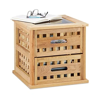 Image de Relaxdays 10020649 table basse carrée de chevet en bois noyer nuit console avec 2 tiroirs HxlxP: 34 x cm, nature