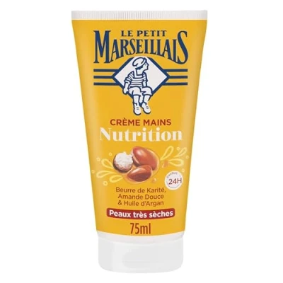 Image de Le Petit Marseillais Crème mains Nutrition Peaux Très Sèches (tube de 75 ml) pour les au beurre karité, amande douce &amp; huile d&#039;argan Soin des 24h confort
