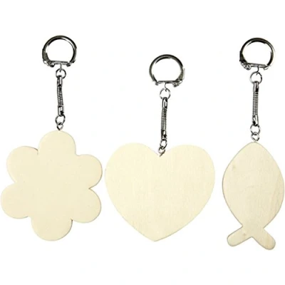 Image de Porte clés en métal avec pendentif bois vernis. Set de trois pendentifs poisson, fleur et coeur. Réf 576841