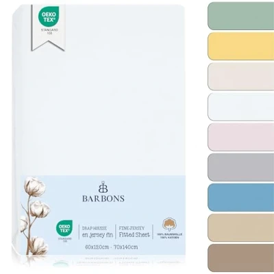 Image de BARBONS Drap Housse pour lit de bébé 60x120 / 70x140 d&#039;enfant 100% Coton Jersey Oeko TEX Standard 100 certifié Draps Bebe Matelas Blanc
