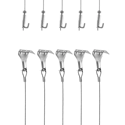 Image de QWORK® Kit Accrochage de Cadre Photo et Miroir, Fil Suspension en Acier Inoxydable Φ1.5mm x 2m avec Crochet Réglable Crochets Rail, Charge 40KG, 5 Pcs