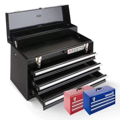 Image de AREBOS Boîte à Outils avec 3 tiroirs et 2 Compartiments de Rangement Noir Poignée Transport Fermetures Pression Coffret Tapis antidérapants