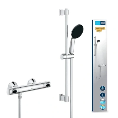 Image de GROHE Precision Flow Mitigeur Thermostatique Douche, Ensemble de Douche 1 jet avec barre 60cm, Economie d&#039;eau, A coller QuickGlue ou à visser, Chromé, 34800001