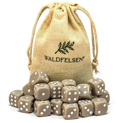 Image de Waldfelsen Lot de 6, 12, 20, 30 ou 50 dés haute qualité taille standard 16 mm en acrylique Cube jeu Dice 6 côtés à six Accessoires avec sac tissu (gris, 20 pièces)