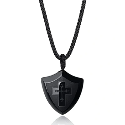 Image de COAI Collier Ajustable Pendentif Bouclier Croix Obsidienne Noire Unisexe