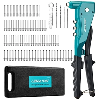 Image de Libraton Pince à rivets aveugles, Riveteuses pour aluminium et acier, Kit professionnelle de pinces riveter robuste, rivetage avec 100 4 perceuses HSS