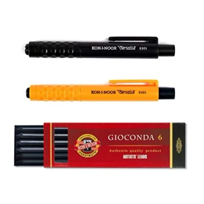 Image de KOH I NOOR Mephisto 5301 Porte mine sans taille crayon, ensemble de 3, force 5.6 mm orange et noir emballage mixte 6 mines en graphit 2B, 4B, 6B