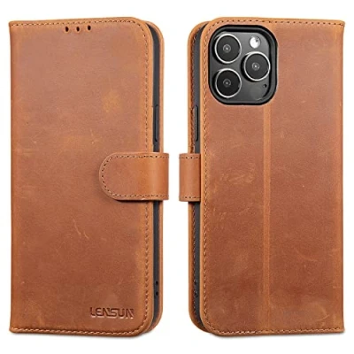 Image de LENSUN Coque pour iPhone 13 Pro Max, Étui en Cuir Véritable RFID Portefeuille Housse avec Rangements Cartes et Fermoir Magnétique Max (6,7&quot;) Brun Rétro