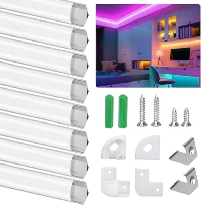 Image de Profile Aluminium LED Angle 45, 8 x 1M/3.3ft V Shape avec Couvercle Blanc laiteux Transparent, Embouts et Clips de Montage en Métal, Compact facile à couper installer pour Ruban (Argent)