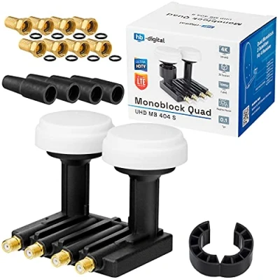Image de HB DIGITAL Set Monoblock LNB de Opticum 0,1dB LNC Direkt 2 Sat Astra 19,2 Hotbird 13 Full HD TV 3D Ultra 4K + oeillets en caoutchouc F plug plaqué or GRATUIT