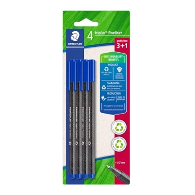 Image de Staedtler Triplus fineliner 334 Blister 4 feutres triangulaires Pointe superfine 0,3 mm bleus En plastique 97% recyclé R 3BK4