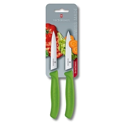 Image de Victorinox Swiss Classic Couteaux d’Office, 2 Pièces Set de 1 X Coupe Normale, Tranchant Denté, Lame 10 cm, Vert
