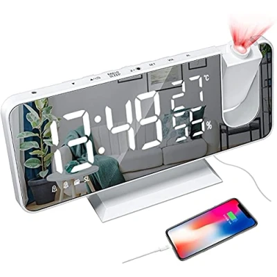 Image de Reveil Projecteur Plafond, Radio Horloge Numérique avec Température et de l&#039;humidité LED Écran Miroir , Chargeur USB Port 180 Projection Double Alarme Snooze Loud pour Chambre, Bureau (Blanc)