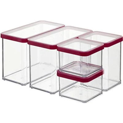 Image de Rotho Loft Ensemble de 5 Boîtes Rangement avec Couvercle Différentes Tailles, Plastique (PP) sans BPA, Transparent / Rouge, 2 X 2,1L, 1 1,0L, 0,5 l (30,0 21,0 15,0 cm)