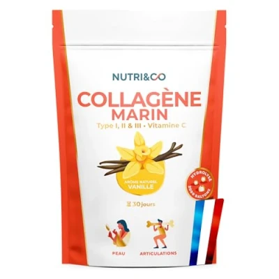 Image de NUTRI &amp; CO Collagène Marin Bio disponible Types 1 2 3 + Vit C Peau Articulations 5500mg de Hydrolysé Breveté par Portion Peptides en Poudre Goût Vanille 180g Fabriqué France