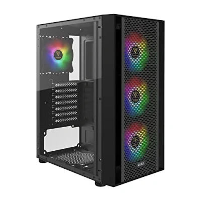 Image de GAMDIAS PC Gamer Boitier, Boîtiers Gaming ATX Moyen Tour Vide, Airflow Mesh Case, 4 Ventilateurs ARGB de 120 mm Intégrés, Verre Trempé Latéral, Noir
