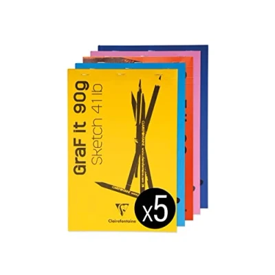 Image de Clairefontaine 96623C Bloc Agrafé GraF&#039;it 80 Feuilles Papier Dessin Croquis Uni Détachables A4 21x29,7 cm 90g Couleur Couverture Aléatoire Paquet de 5 Blocs