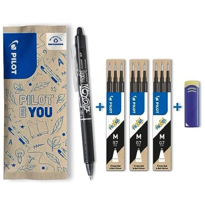 Image de PILOT Lot de 1 Frixion Ball Clicker + 3 Sets recharges Gomme Stylo rétractable effaçable à encre thermosensible roller rechargeable et ergonomique Noir Pointe moyenne