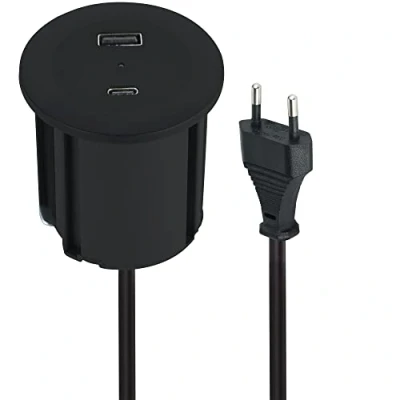 Image de Electraline 62568 Bloc Multiprise Encastrable Compacte avec 2 Prise USB 45W (1 type C Power Delivery + 1 A 3.0A Q.C.) , pour Bureau/Table, D 54mm ou 60 adaptateur inclus, 3 M