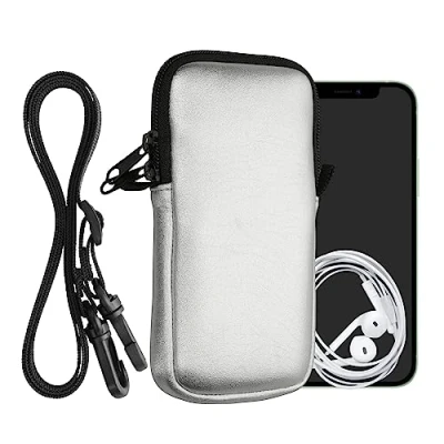 Image de kwmobile Housse de Protection Universelle pour Smartphone XL 6,7/6,8&quot; Pochette téléphone Portable en néoprène avec Collier Ajustable métallique argenté