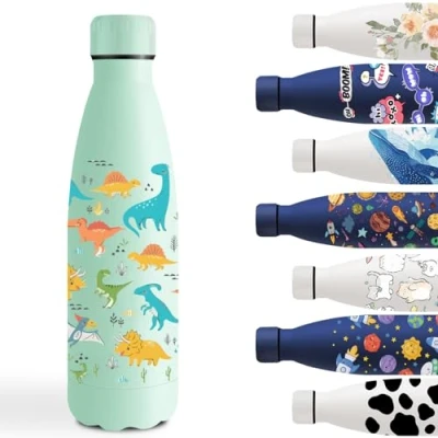 Image de Gourde Isotherme 500ml, Inox avec Dinosaure, Facile à Nettoyer, Bouteilles Isothermes Garde au Froid Pendant 24 Heures/Chaud 12 Heures,Thermos pour l&#039;École, Bureau, Sports