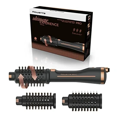 Image de Rowenta Brosse soufflante rotative 2 en 1, Sèche, Coiffe les cheveux, 3 brosses incluses, Réduit l&#039;électricité statique et frisottis, Ultimate Expérience, Noir/cuivre CF9620F0