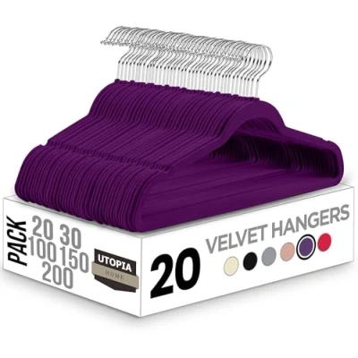 Image de Utopia Home Lot de 20 cintres antidérapants en velours avec crochet rotatif à 360 degrés, robustes, pour pantalons, violet
