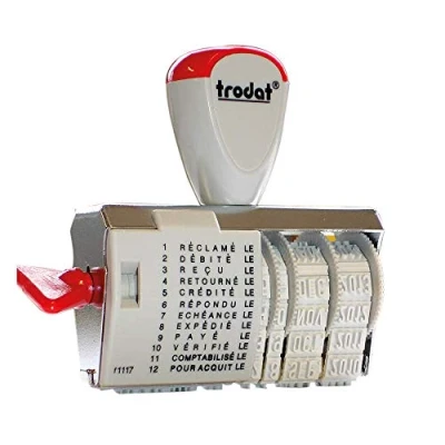 Image de Tampon Trodat classique 1117, dateur et multiformules avec 12 textes, taille de l’empreinte 54 x 4 mm Blanc