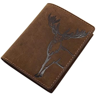 Image de Portefeuille en Cuir de Buffle véritable Format Portrait ou Paysage avec Motif cerf Protection RFID &amp; NFC, Modèle 1 / Portrait/Marron, Taille Unique
