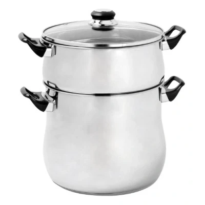 Image de Crealys 504940, Couscoussier Acier Inoxydable 12 litres, Diamètre 24 cm Poignées thermorésistantes, couvercle verre Tous feux dont induction, Noir