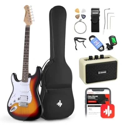 Image de Donner Kit Guitare électrique gaucher pour débutant 39 pouces, micros S H avec ampli, sac, capo, sangle, corde, accordeur, câble, médiators, DST100