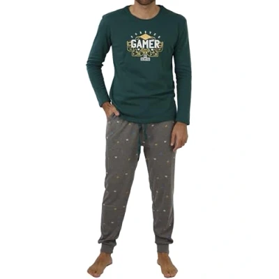 Image de FM Pyjama d&#039;hiver pour homme 2 pièces en coton avec t shirt à manches longues et pantalon l&#039;hiver printemps automne, Vert (Gamer), XL
