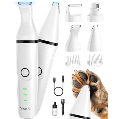 Image de oneisall 4 en 1 Tondeuse Chien set, Silencieuse pour chien,Sans Fil Fondeuse Toilettage Animaux avec têtes de coupe multifonctions Chat et (Blanc)