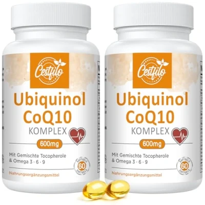 Image de Ubiquinol CoQ10 600 mg gélules softgel Forme active de plus vitamine E &amp; oméga 3 6 9 Antioxydant avancé coenzyme Q10 Complément alimentaire pour le cœur et cerveau (60 Count, Pack of 2)
