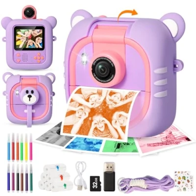 Image de ARNSSIEN Appareil Photo Instantané, 4 Rouleaux Colorés (R/J/B/V) + 3 N&amp; B,2,4&quot; Enfant avec 1080P &amp; 180 Objectif Carte de 32GB,Cadeau Noël/Anniversaire pour Filles Garçons,M2