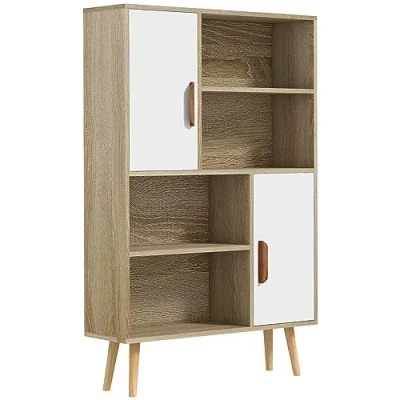 Image de HOMCOM Bibliothèque scandinave 4 niches + 2 placards avec étagère dim. 80L x 24l 123H cm Pieds effilés inclinés Bois Massif Chêne
