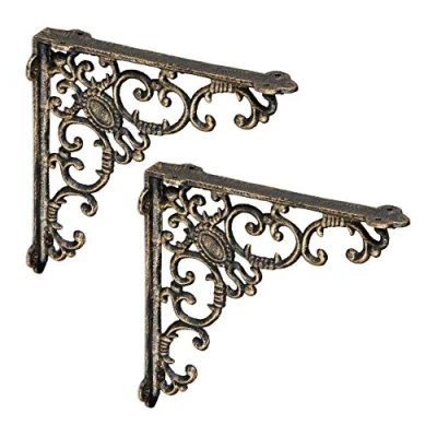 Image de Équerre étagère murale, lot de 2, ancien, support en fonte fer, ornements baroques, bronze