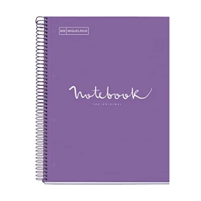 Image de Miquelrius Cahier A4 Carnet de Notes Emotions, 80 Feuilles 90 g/m², Grille 5 x mm, 1 Bande couleur, Spirale microperforée, Couverture extra dure, 4 Trous, Couleur Pourpre