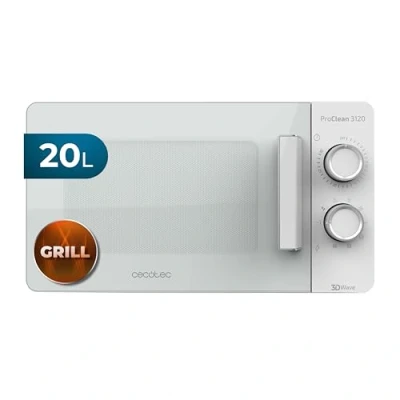 Image de Cecotec 800 W Micro ondes avec Gril ProClean 3120. Capacité de 20 L, Revêtement Ready2Clean, 700 Puissance, 6 niveaux, Minuterie 30 minutes, Mode Décongeler , Finition en Blanc.