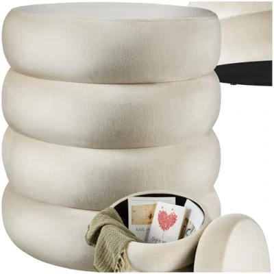 Image de TecTake® Tabouret Repose Pied Pouf avec Rangement Salon Velours Crème jusqu&#039;à 120 kg Design scandinave Cosy pour Coiffeuse, Salon, Chambre, Bureau, entrée, Maquillage Coffre de