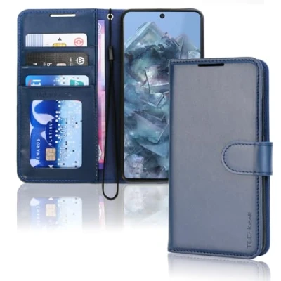 Image de TECHGEAR Google Pixel 8 Pro Etui Portefeuille en Cuir, Housse de Protection Flip avec Porte Cartes, Support et Dragonne Cuir PU Bleu Fermeture Magnétique Conçu pour