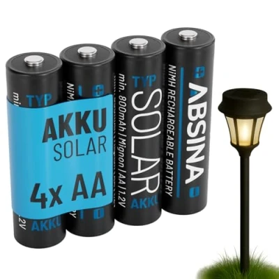 Image de ABSINA 4X Pile Solaire Rechargeable AA 800mAh 1.2V NiMH pour Lampe à Faible décharge Piles Rechargeables, Batteries solaires